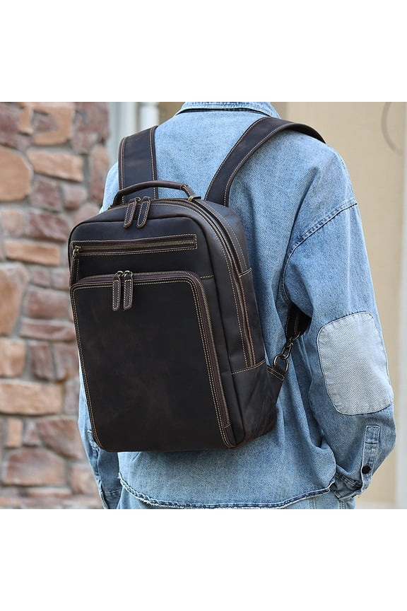 Backpack Men's Crazy Horse Leather Large Capacity,6641 Coffee