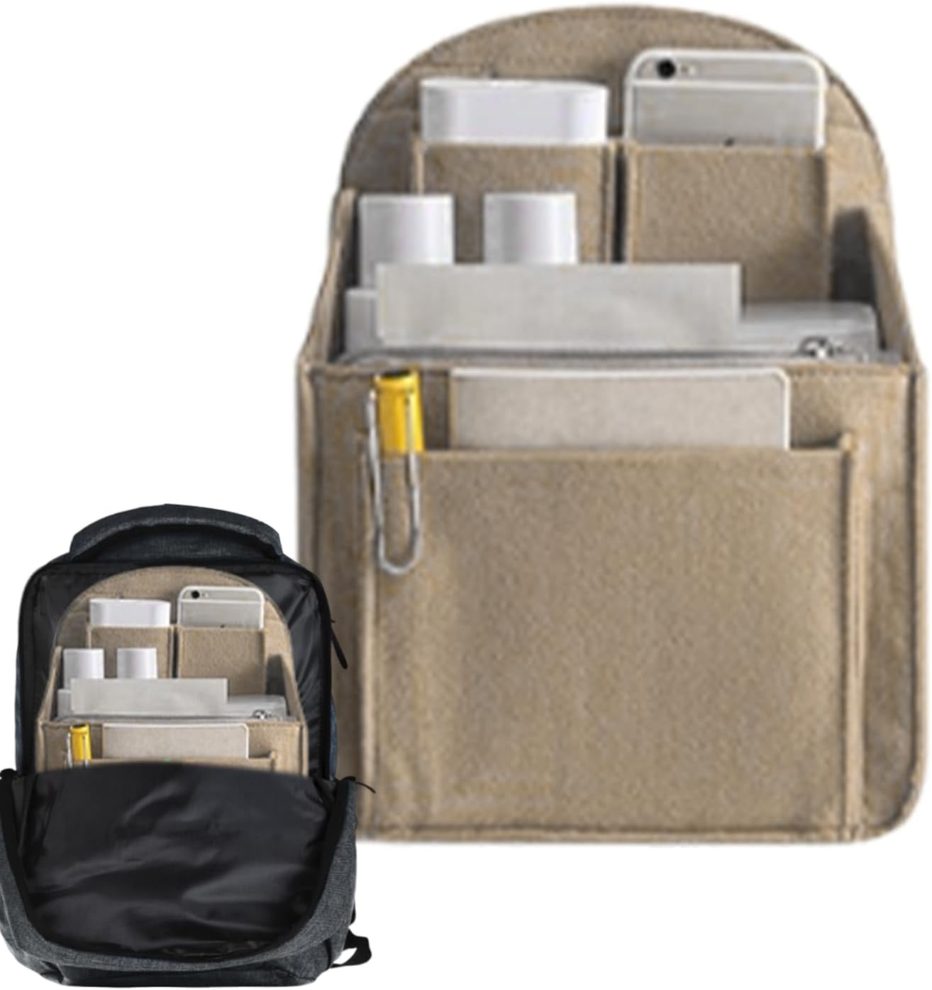 Backpack Organizer Insert, Shoulder Bag Organizers Insert, Felt Backpack Organizer Liner In Bag With Multi-Pockets For Cosmetics Phone Books Umbrellas Tablet(Khaki-small)