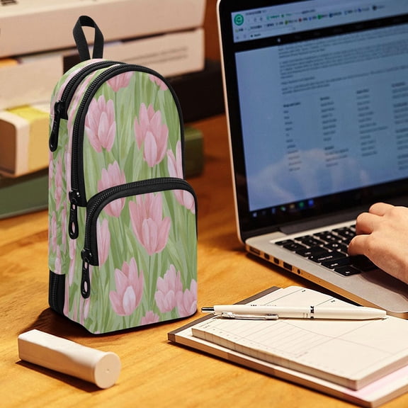 Backpack Pencil Case, 3 Compartment Large Capacity Oxford Fabric Pencil Pouch / Blush Tulip Meadow
