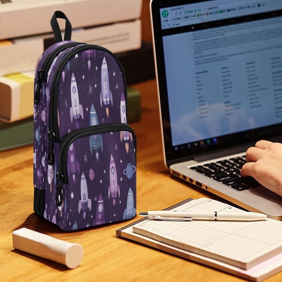 Backpack Pencil Case, 3 Compartment Large Capacity Oxford Fabric Pencil Pouch / Cute Space Rocket Pattern