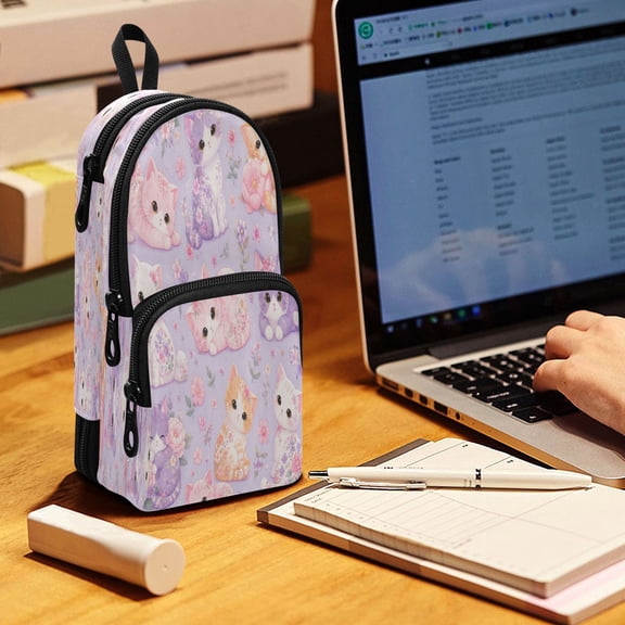 Backpack Pencil Case, 3 Compartment Large Capacity Oxford Fabric Pencil Pouch / Floral Kittens Pattern Graphic