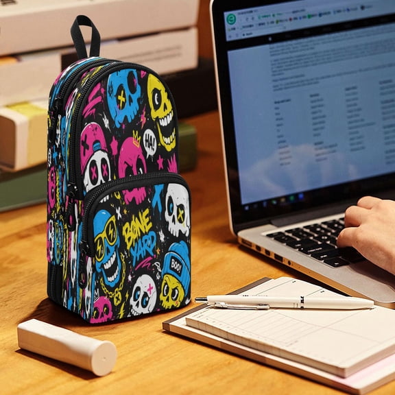 Backpack Pencil Case, 3 Compartment Large Capacity Oxford Fabric Pencil Pouch / Neon Graffiti Skulls Pattern