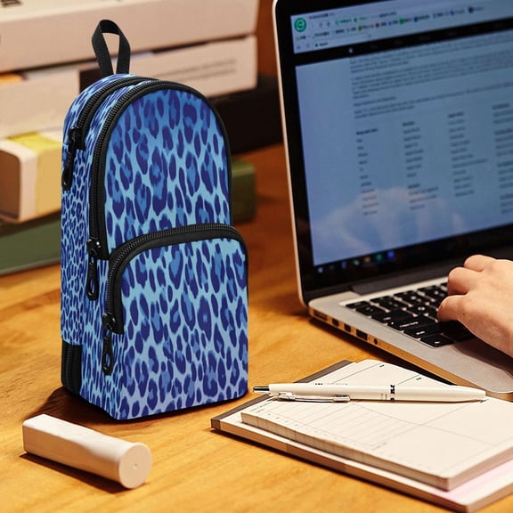 Backpack Pencil Case, 3 Compartment Large Capacity Oxford Fabric Pencil Pouch / Ocean Blue Cheetah Print Pattern