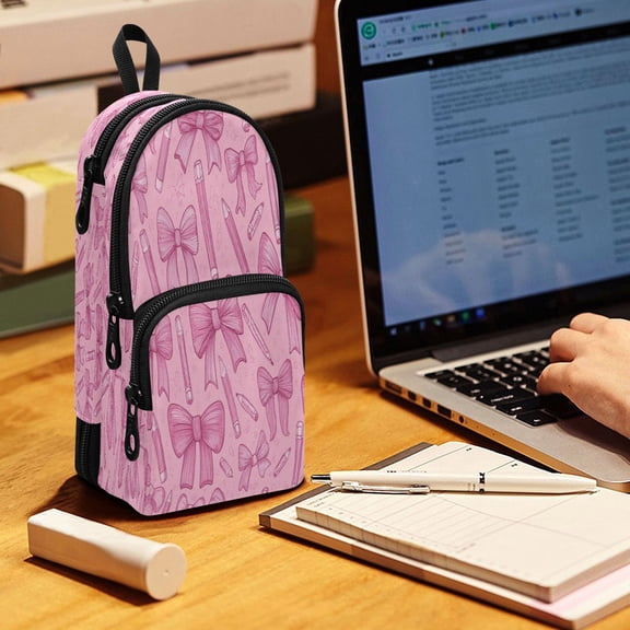 Backpack Pencil Case, 3 Compartment Large Capacity Oxford Fabric Pencil Pouch / Pink Bows and Pencils