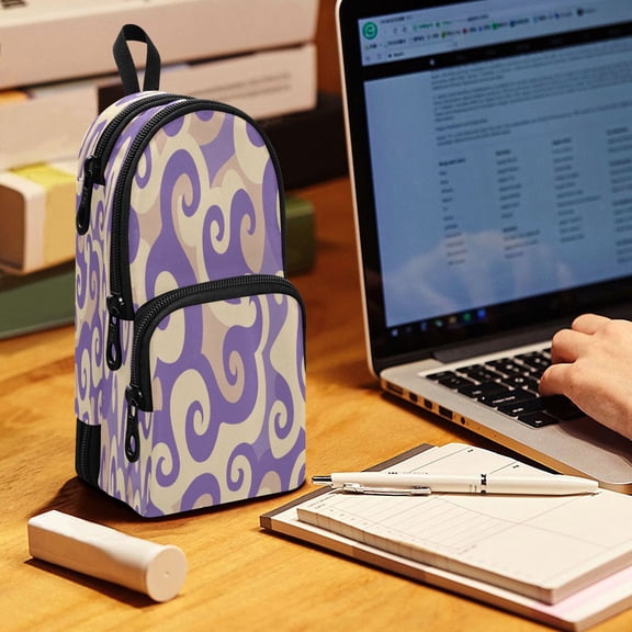 Backpack Pencil Case, 3 Compartment Large Capacity Oxford Fabric Pencil Pouch / Purple Whirlwind