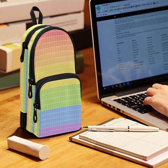 Backpack Pencil Case, 3 Compartment Large Capacity Oxford Fabric Pencil Pouch / Rainbow Grid Seamless Pattern