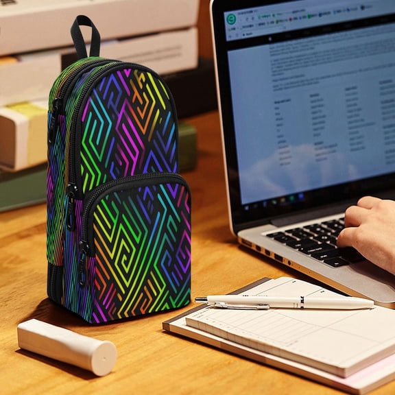 Backpack Pencil Case, 3 Compartment Large Capacity Oxford Fabric Pencil Pouch / Rainbow Neon Labyrinth Print