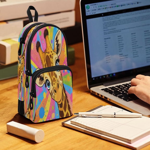 Backpack Pencil Case, 3 Compartment Large Capacity Oxford Fabric Pencil Pouch / Smiling Giraffe Pop Art
