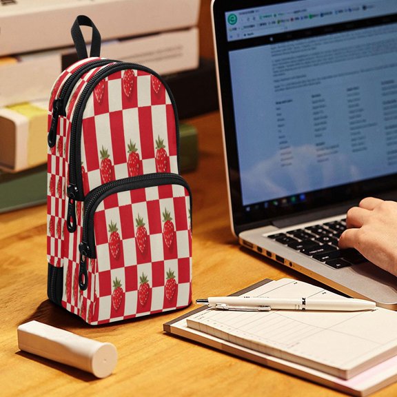 Backpack Pencil Case, 3 Compartment Large Capacity Oxford Fabric Pencil Pouch / Strawberries Checkered Tablecloth