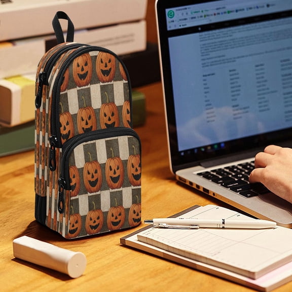 Backpack Pencil Case, 3 Compartment Large Capacity Oxford Fabric Pencil Pouch / Striped Wicked Pumpkins