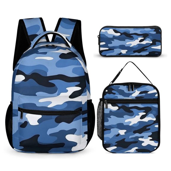 Backpack Portable Meal Bag Stationery Bag Set Wear-Resisting Shrinkage And Tensile Properties For Daily Work Travel Vector Camouflage Pattern Blue_2