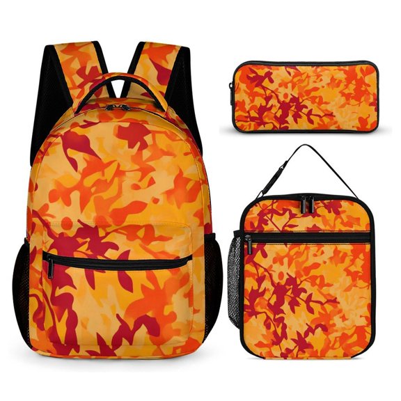 Backpack Portable Meal Bag Stationery Bag Set Wear-Resisting Shrinkage And Tensile Properties For Daily Work Travel Vector Camouflage Pattern Orange Red_3