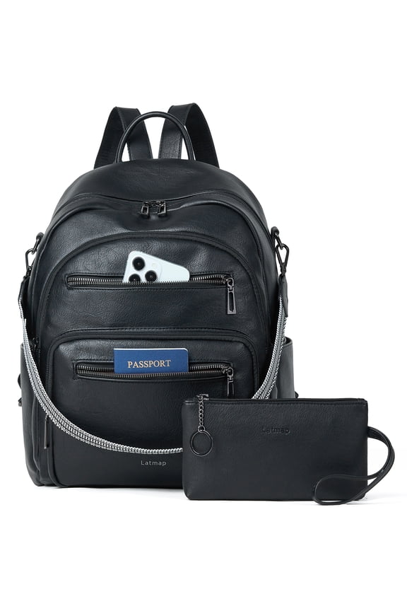 Backpack Purse for Women, Leather Vegan Ladies Fashion Designer Rucksack Convertible Travel Shoulder Bag Teacher College Daypack Work Handbag fits 14" Laptop-Black