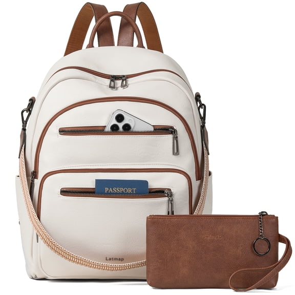 Backpack Purse for Women, Leather Vegan Ladies Fashion Designer Rucksack Convertible Travel Shoulder Bag Teacher College Daypack Work Handbag fits 14" Laptop-Beige