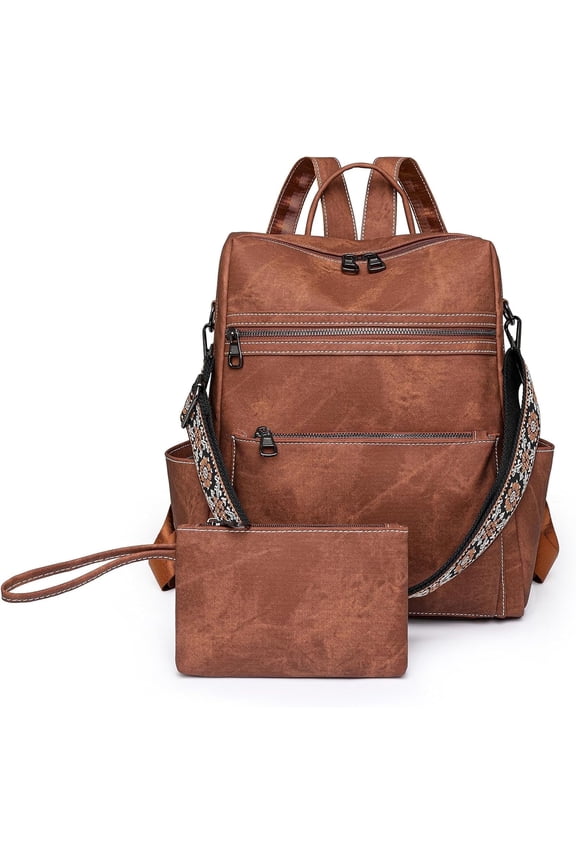 Backpack Purse for Women, PU Leather Backpack Purse, Waterproof Anti-Theft Women Backpack, Fashion Multi-Pocket Shoulder Bag Handbag With Clutch(Brown)