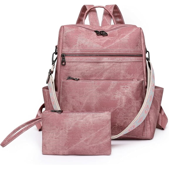 Backpack Purse for Women, PU Leather Backpack Purse, Waterproof Anti-Theft Women Backpack, Fashion Multi-Pocket Shoulder Bag Handbag With Clutch（Pink）