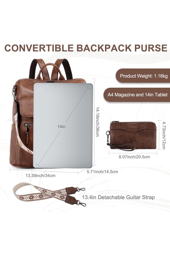 Backpack Purse for Women, Large Vegan Leather Backpack Purse with Wallet Pouch Set Convertible Handbag for Ladies Guitar Strap Brown