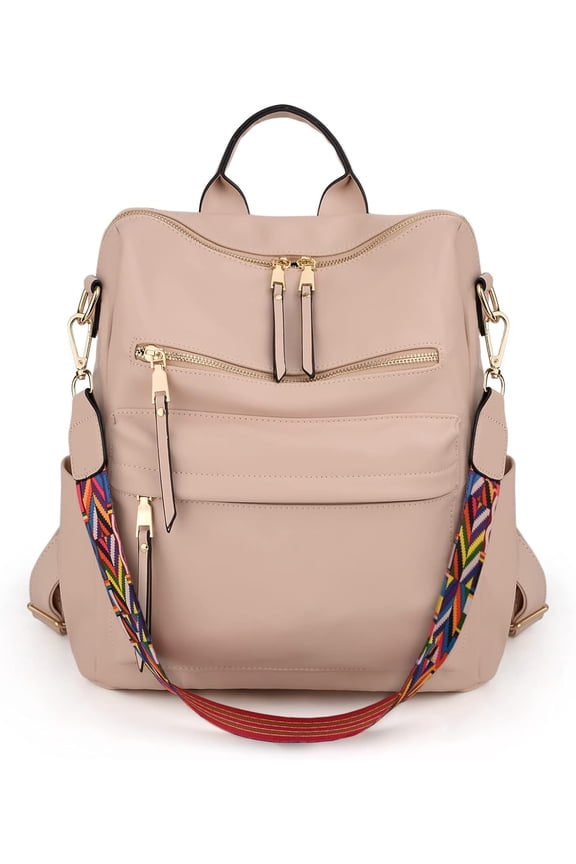 Backpack Purse for Women Stylish Vegan Leather Shoulder Bag Designer Travel Purse with Detachable Colorful Strap Beige