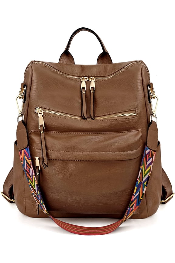 Backpack Purse for Women Stylish Vegan Leather Shoulder Bag Designer Travel Purse with Detachable Colorful Strap Beige