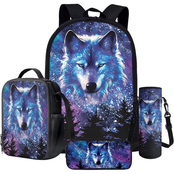 Backpack Set Animal Wolfbag for Teen 4 Pcs Galaxy Wolf Bookbag with Lunch Box Pencil Case Water Bottle Pouch for Back to Bag with Side Pocket
