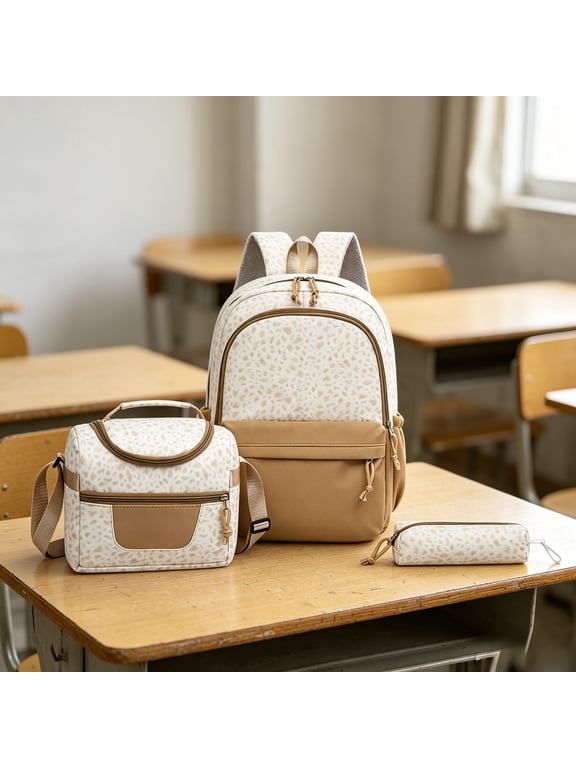 Backpack Set Leopard Print Backpack with Insulated Lunch Bag & Pen Pouch (Khaki One Size)