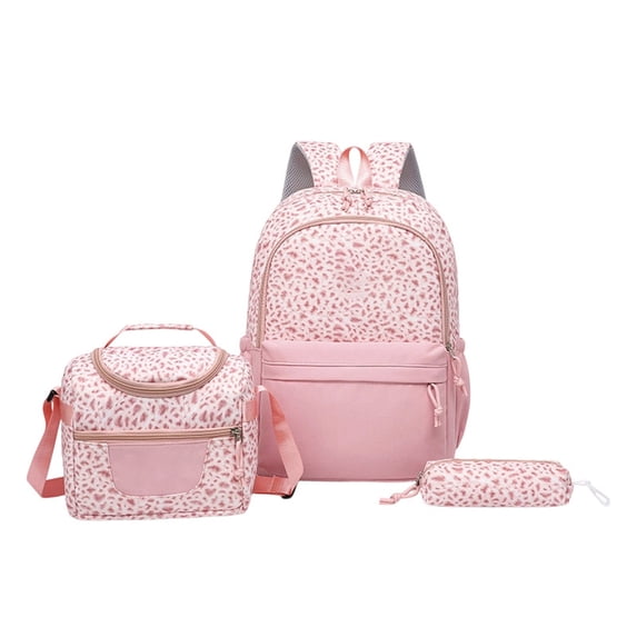 Backpack Set Snow Leopard Print Daypack 3-in-1 Casual Daypack Set, Large Capacity Nylon Travel Backpack with Insulated Lunch Bag & Pouch 2026 Back to School (Pink,One Size)