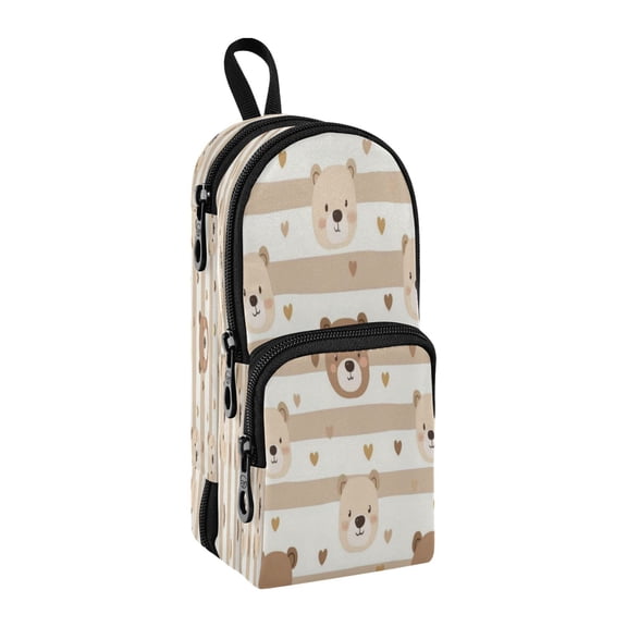 Backpack-Shaped Pencil Pouch 3-Compartment Large Capacity Stationery School Organizer Cute Bear Face Pattern