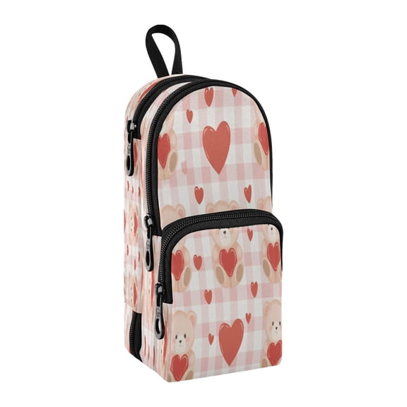 Backpack-Shaped Pencil Pouch 3-Compartment Large Capacity Stationery School Organizer Cute Bear Pattern
