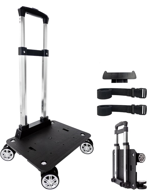 Backpack Trolley with 360° Swivel Wheels, Folding Rolling Luggage Cart | Lightweight aluminum alloy frame with secure luggage strap, ideal for backpacks, laptop bags and daily travel