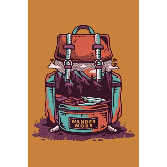 Backpack, Wander More, Distressed Vector, Yellow (12x18 Wall Art Poster, Room Decor)