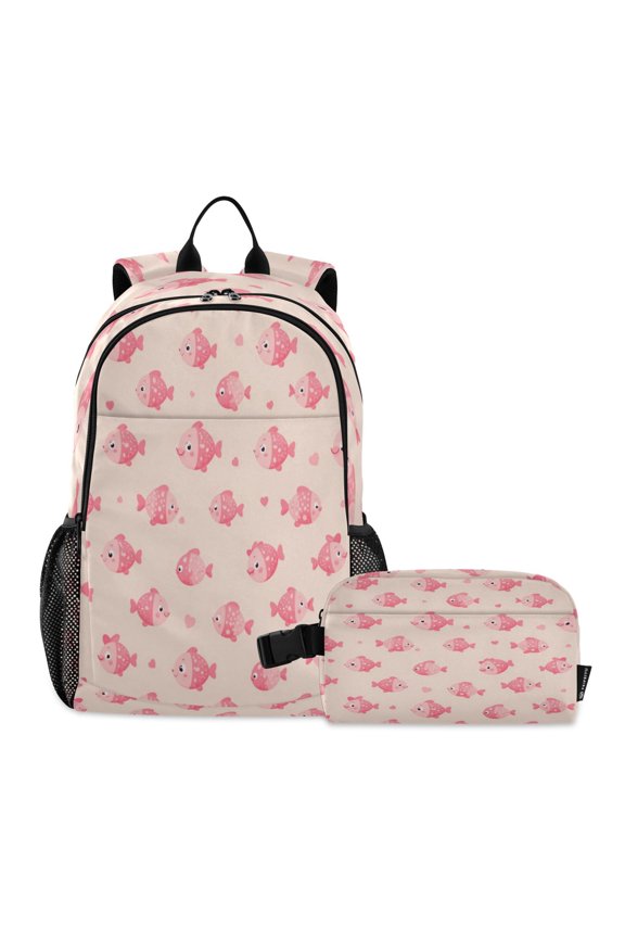 Backpack for 6-12Y with Lunch Bag Lightweight Travel Daypack Nylon, Pink-fish Printed