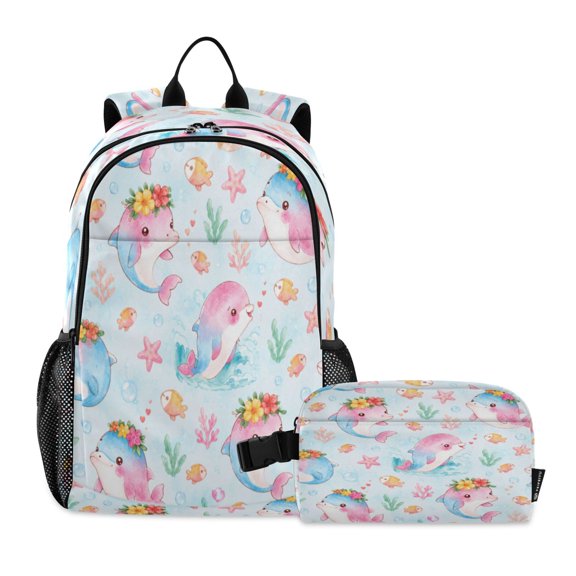 Backpack for 6-12Y with Lunch Bag Lightweight Travel Daypack Nylon, Sky Dolphins Printed