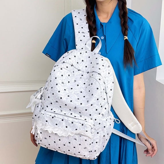 Backpack for Girls Kawaii Polka Dot Bow Lace Trim Lightweight Water Resistant Multi Pocket School Book Bag Casual Travel Daypack