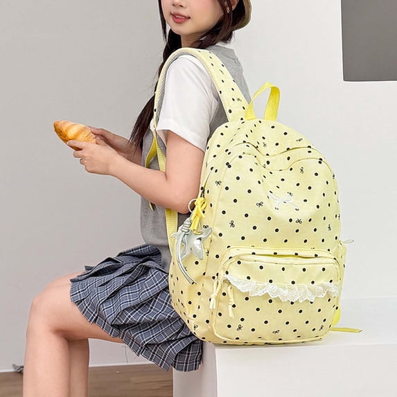 Backpack for Girls Kawaii Polka Dot Bow Lace Trim Lightweight Water Resistant Multi Pocket School Book Bag Casual Travel Daypack