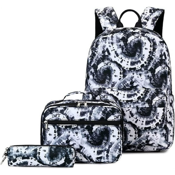 3Pcs Cute Backpack Bags Set with Lunch Box Pencil Bag Daypack Bookbags (Tie Dye Black)