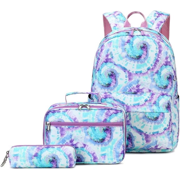 3Pcs Cute Backpack Bags Set with Lunch Box Pencil Bag Daypack Bookbags (Tie Dye Green)