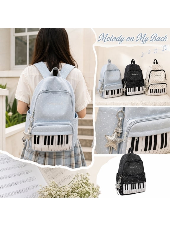 Backpack for Kids Y2K Cute Piano Backpack,Polka Dot Keyboard Nylon Bookbag,Casual Campus Travel Daypack,Stylish Backpack for School Teen Girls