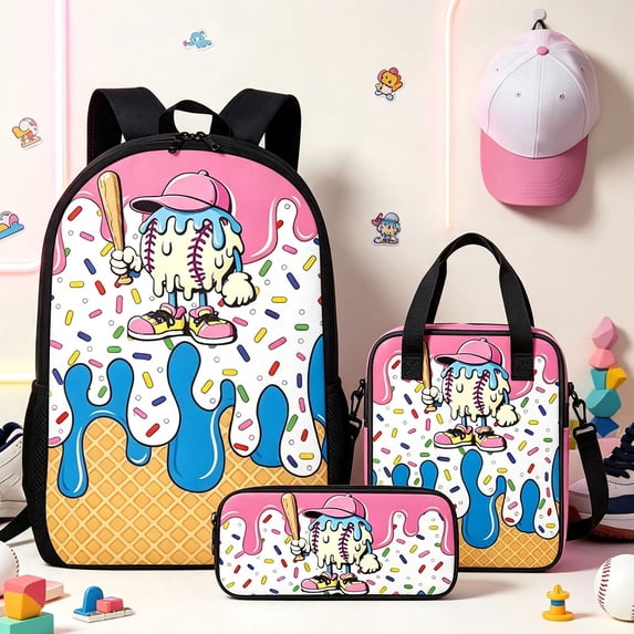 Backpack for School Cartoon Print 3 Piece Backpack Set School Bag with Lunch Tote and Pencil Case Pink One Size