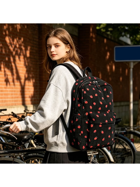 Backpack for Teen Corduroy Bookbag 17inch Cute Strawberry Print Backpacks for Women Travel Casual Daypacks