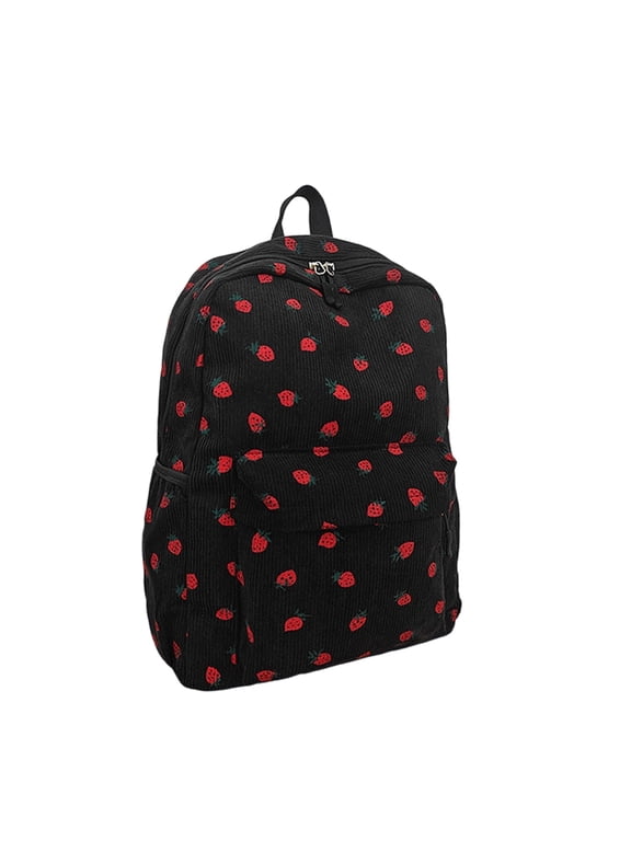 Backpack for Teen and Women Cute Corduroy Bookbag Large Strawberry Print Daypacks Black