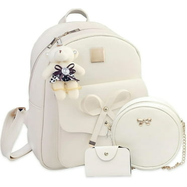 3-Piece PU Leather Backpack Set For Women - Cute Bowknot Bag With Bear Pendant