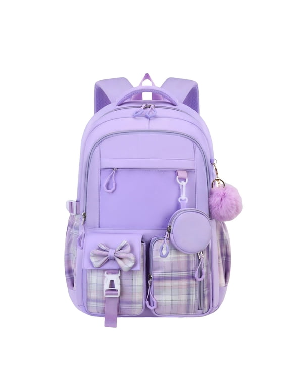 Backpack for Teens,Cute Bow Print Bookbag Back to with Cup Holder,18.5 Inch Aesthetic Daypack Purple