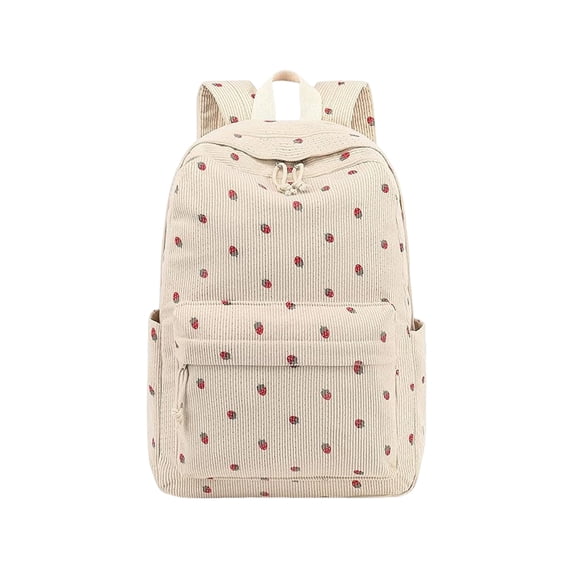 Lumtrix Backpack for Womens Teens 15.3 Inch Cute Corduroy Bookbag, Strawberry Print Backpack Beige