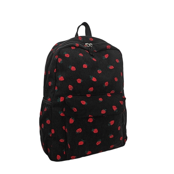 Lumtrix Backpack for Womens Teens 17 Inch Cute Corduroy Bookbag, Strawberry Print Backpack Black