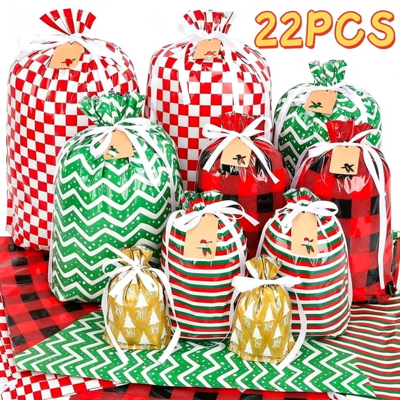 Swfoer 22 PCS Drawstring Gift Bags Assorted Sizes with Tags Ribbon Ties, Multi-Purpose Reusable Plastic Gift Wrapping Bags for Christmas Holiday Birthday Party Favors