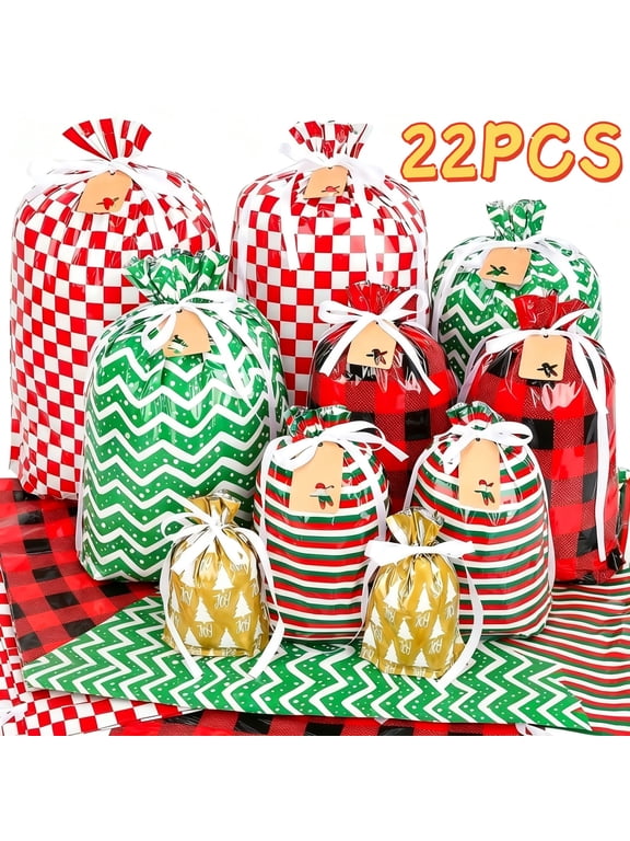 22 PCS Drawstring Gift Bags Assorted Sizes with Tags Ribbon Ties, Multi-Purpose Reusable Plastic Gift Wrapping Bags for Christmas Holiday Birthday Party Favors