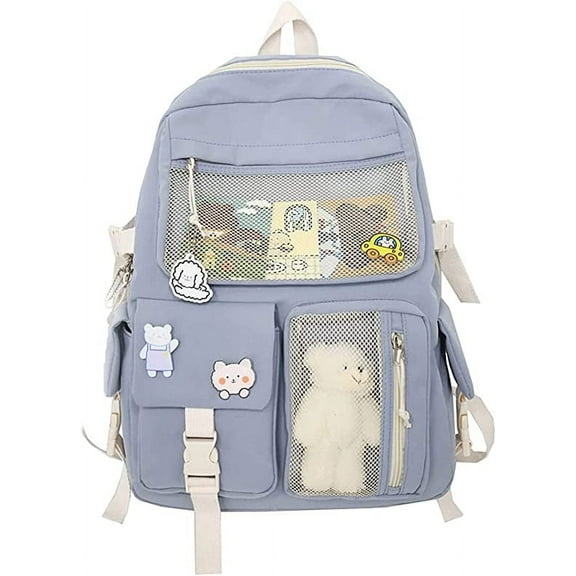 Backpack with Cute Pin Accessories Plush Pendant Kawaii School Backpack Cute Aesthetic Backpack Blue