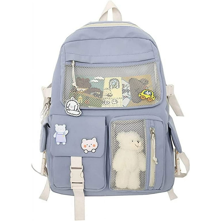 Backpack with Cute Pin Accessories Plush Pendant Kawaii School Backpack  Cute Aesthetic Backpack Blue 
