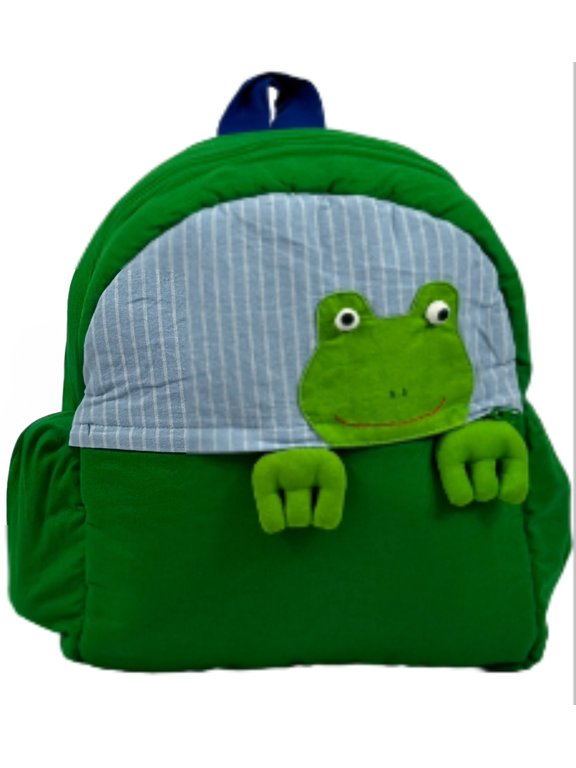 Backpack with Frog Design, Green Travel Daypack for Gym, Play and Outings Handmade Cotton