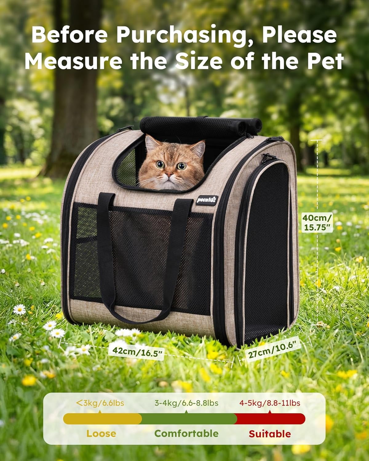 Backpack  with Widened Space, Upgraded Dog Travel Bag Breathable Mesh Soft Padded Khaki